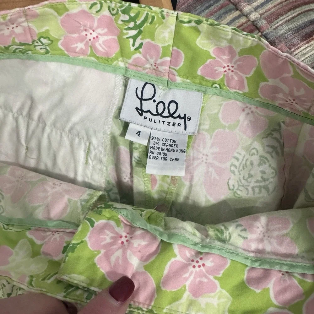 Vintage 90s Lilly Pulitzer green pink Tiger Cloud Size‎ 4 bermuda cotton shorts